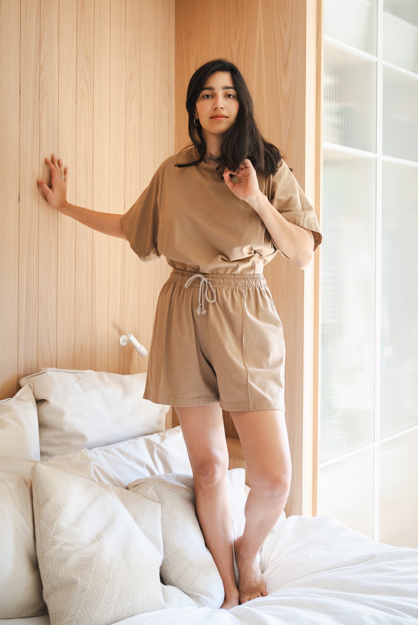 Camel cotton shorts