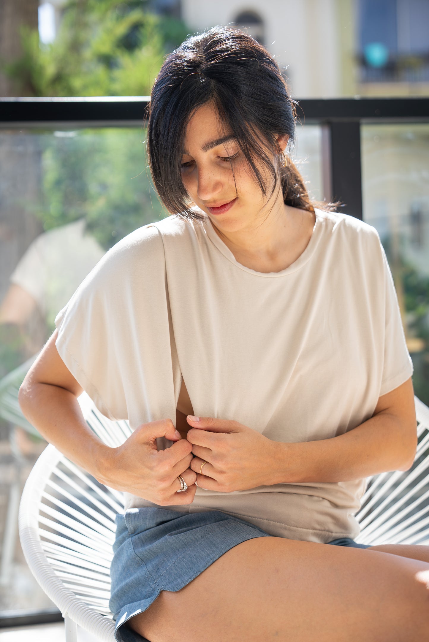 Natural tan flowy nursing top