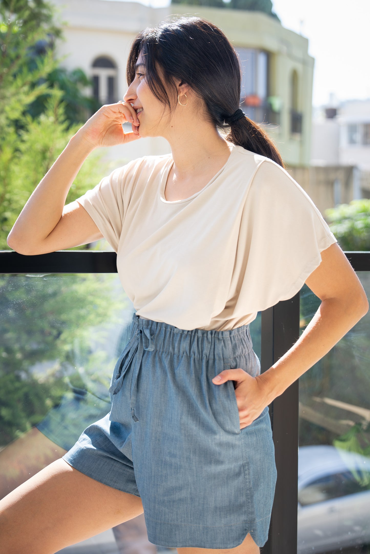 Natural tan flowy nursing top